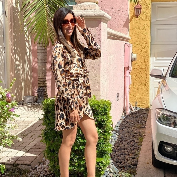 HYFVE Dresses & Skirts - Hyfve Leopard Long Sleeve Low Cut Dress